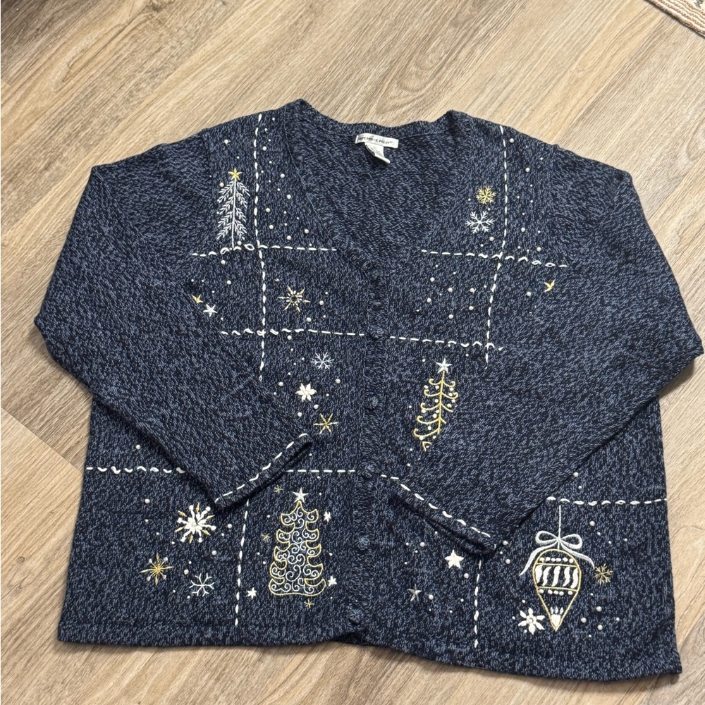 Festive Navy Cardigan with Gold Accents